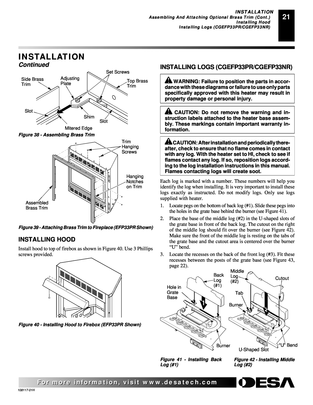 Desa installation manual INSTALLING LOGS CGEFP33PR/CGEFP33NR, Installing Hood, Installation, Continued 