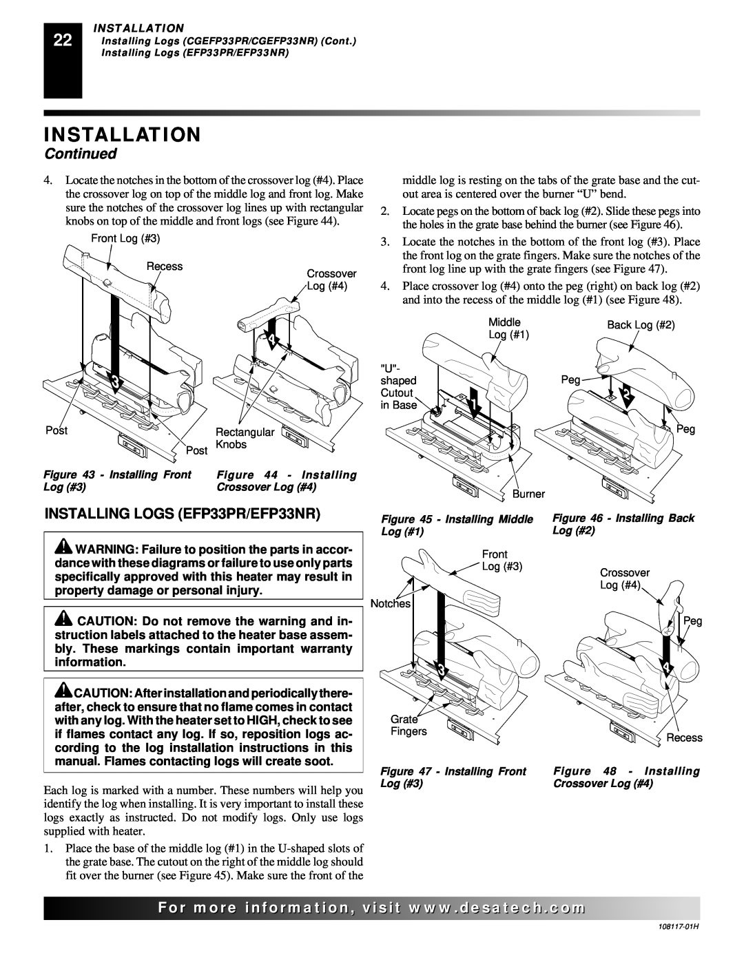 Desa installation manual INSTALLING LOGS EFP33PR/EFP33NR, Installation, Continued 