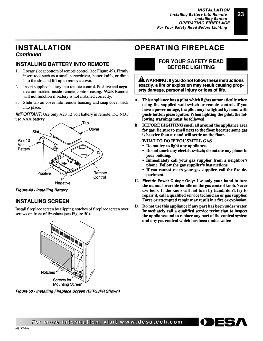 Desa EFP33PR Operating Fireplace, Installing Battery Into Remote, For Your Safety Read Before Lighting, Installing Screen 