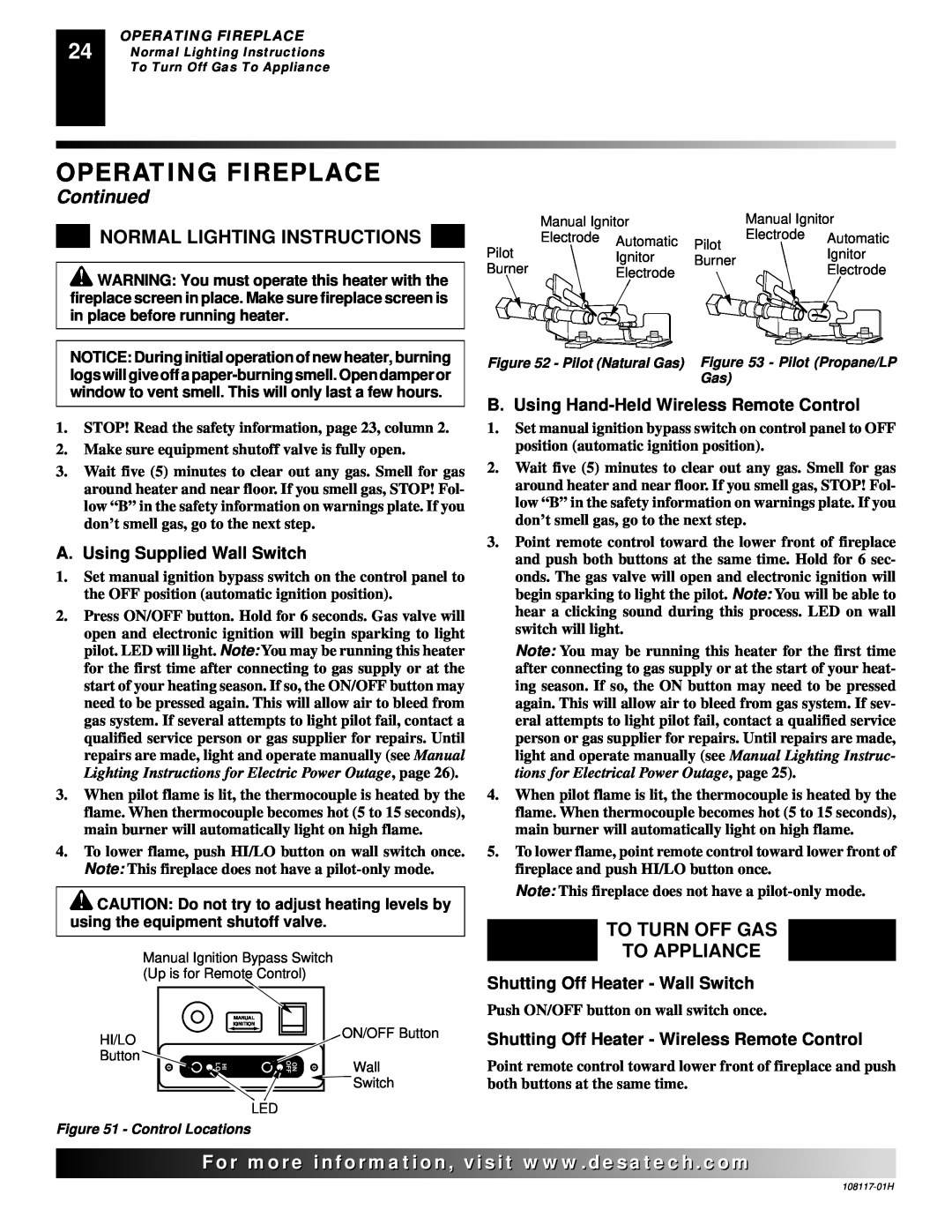 Desa EFP33NR, EFP33PR Normal Lighting Instructions, To Turn Off Gas To Appliance, Operating Fireplace, Continued 