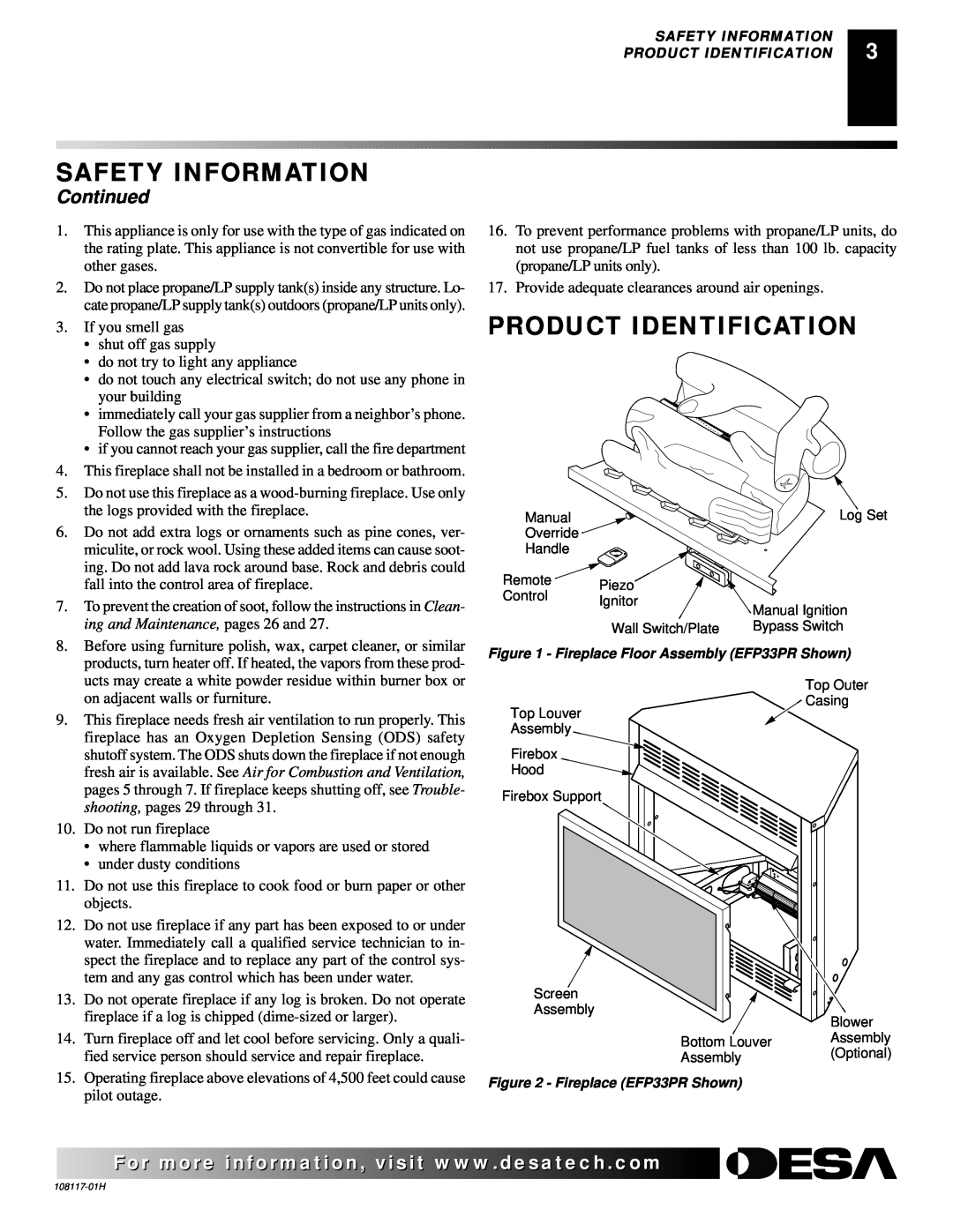 Desa EFP33PR, EFP33NR installation manual Product Identification, Continued, Safety Information 