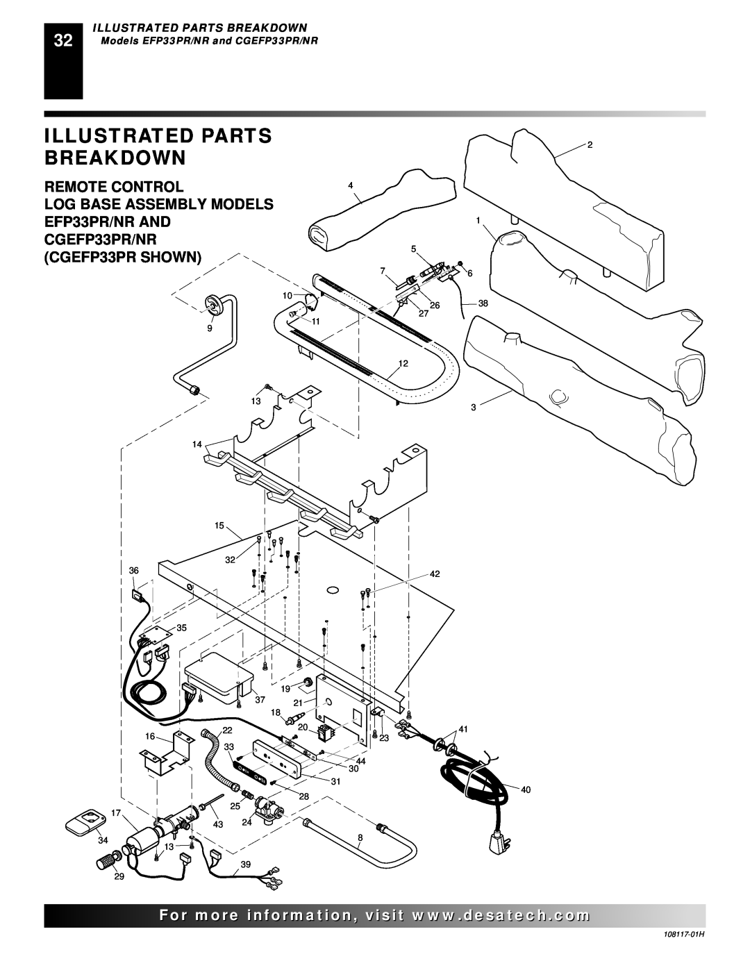 Desa EFP33NR Illustrated Parts, Breakdown, Remote Control, Log Base Assembly Models, EFP33PR/NR AND, CGEFP33PR/NR 