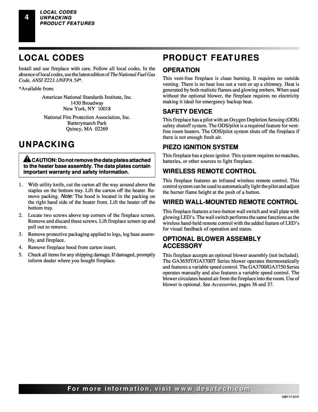 Desa EFP33NR, EFP33PR Local Codes, Unpacking, Product Features, Operation, Safety Device, Piezo Ignition System 