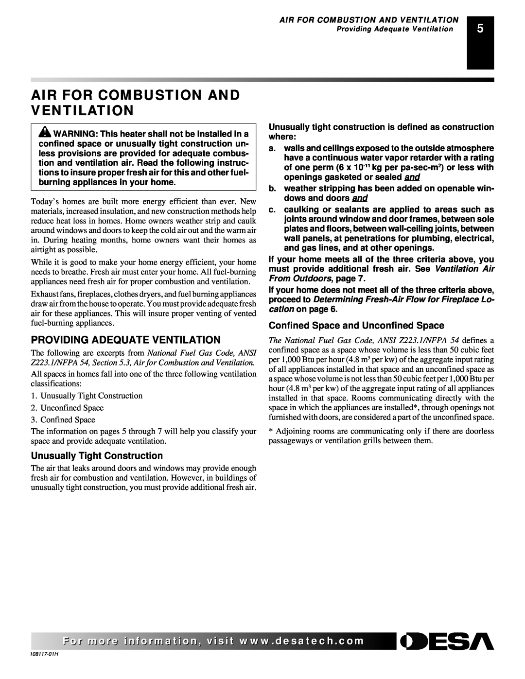Desa EFP33PR, EFP33NR installation manual Air For Combustion And Ventilation, Providing Adequate Ventilation 