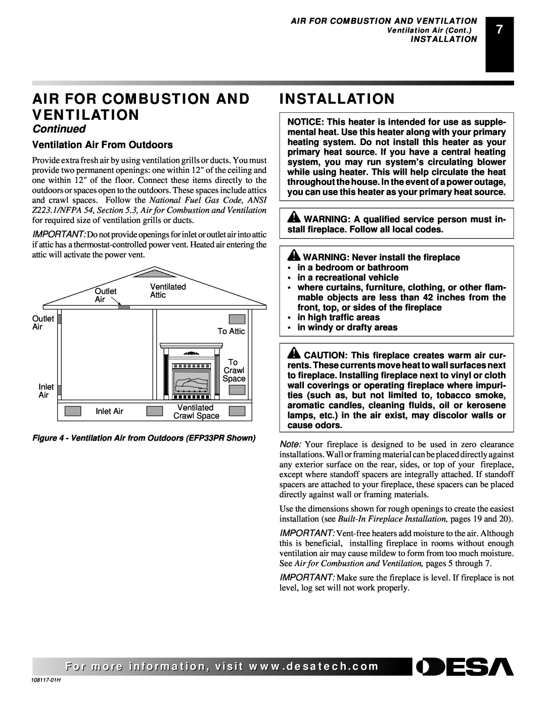 Desa EFP33PR, EFP33NR Installation, Air For Combustion And Ventilation, Continued, Ventilation Air From Outdoors 