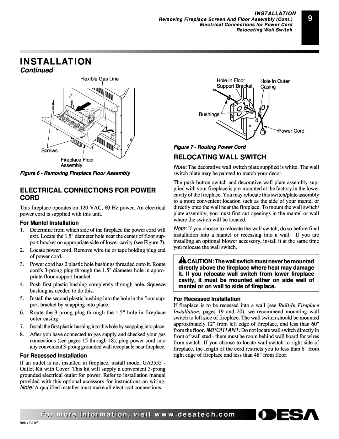 Desa EFP33PR, EFP33NR Electrical Connections For Power Cord, Relocating Wall Switch, Installation, Continued 