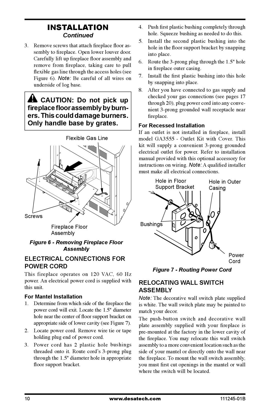 Desa EFP33NRB Electrical Connections for Power Cord, Relocating Wall Switch Assembly, For Mantel Installation 