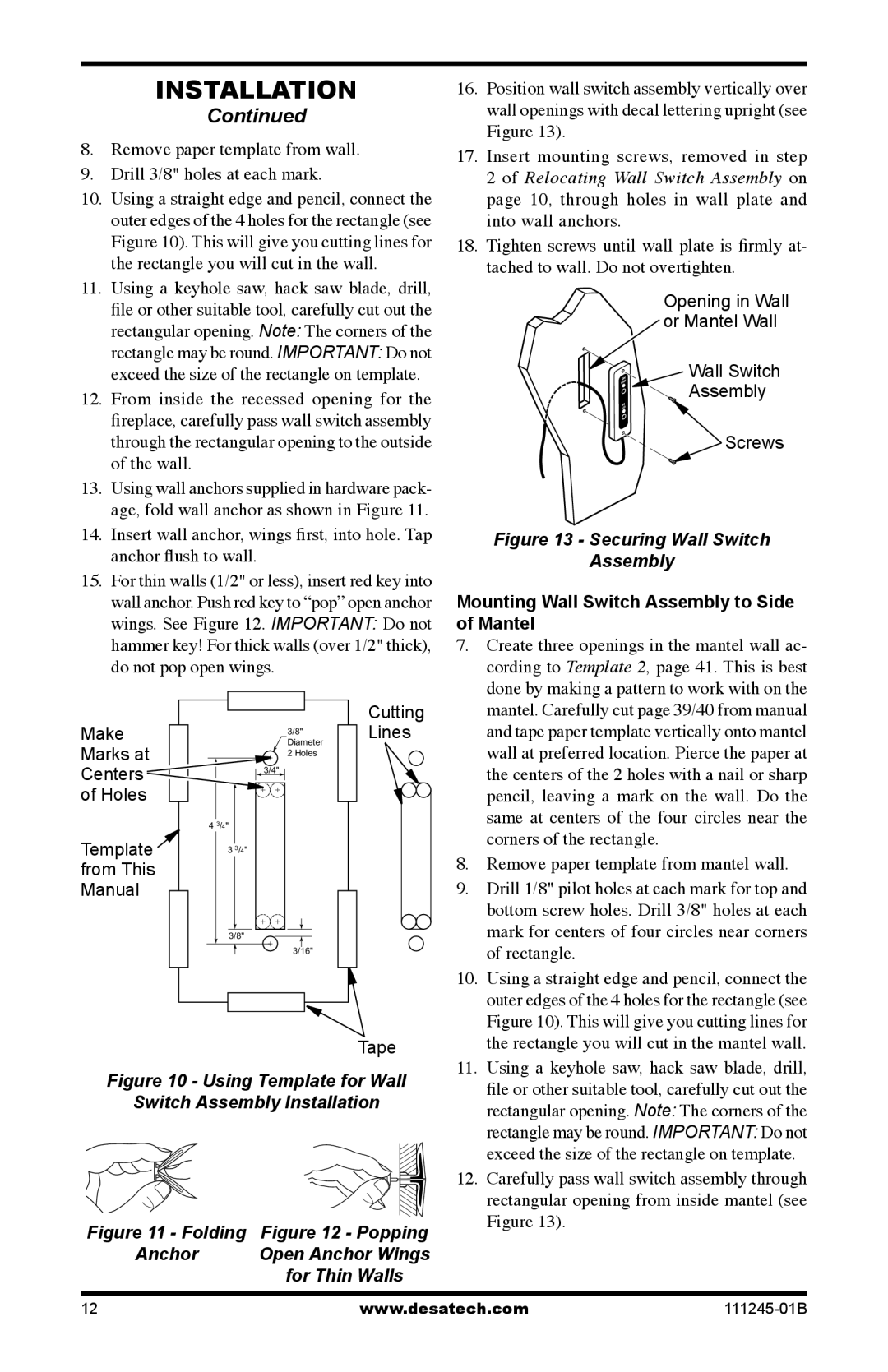 Desa CGEFP33PRB, CGEFP33NRB, EFP33PRB, EFP33NRB Mounting Wall Switch Assembly to Side of Mantel, Cutting Lines 