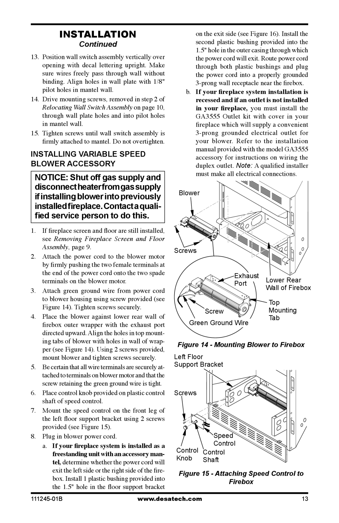 Desa CGEFP33PRB, CGEFP33NRB, EFP33PRB, EFP33NRB Installing Variable Speed Blower Accessory, Mounting Blower to Firebox 