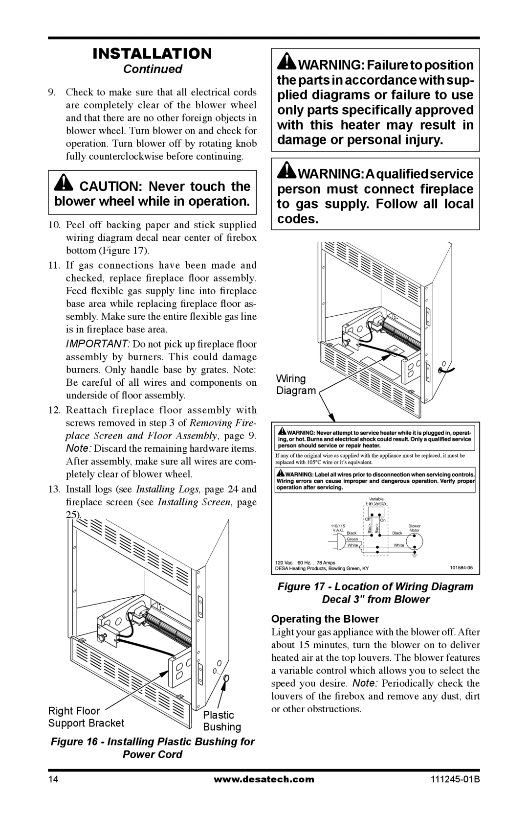 Desa CGEFP33PRB, CGEFP33NRB, EFP33PRB, EFP33NRB installation manual Location of Wiring Diagram Decal 3 from Blower 