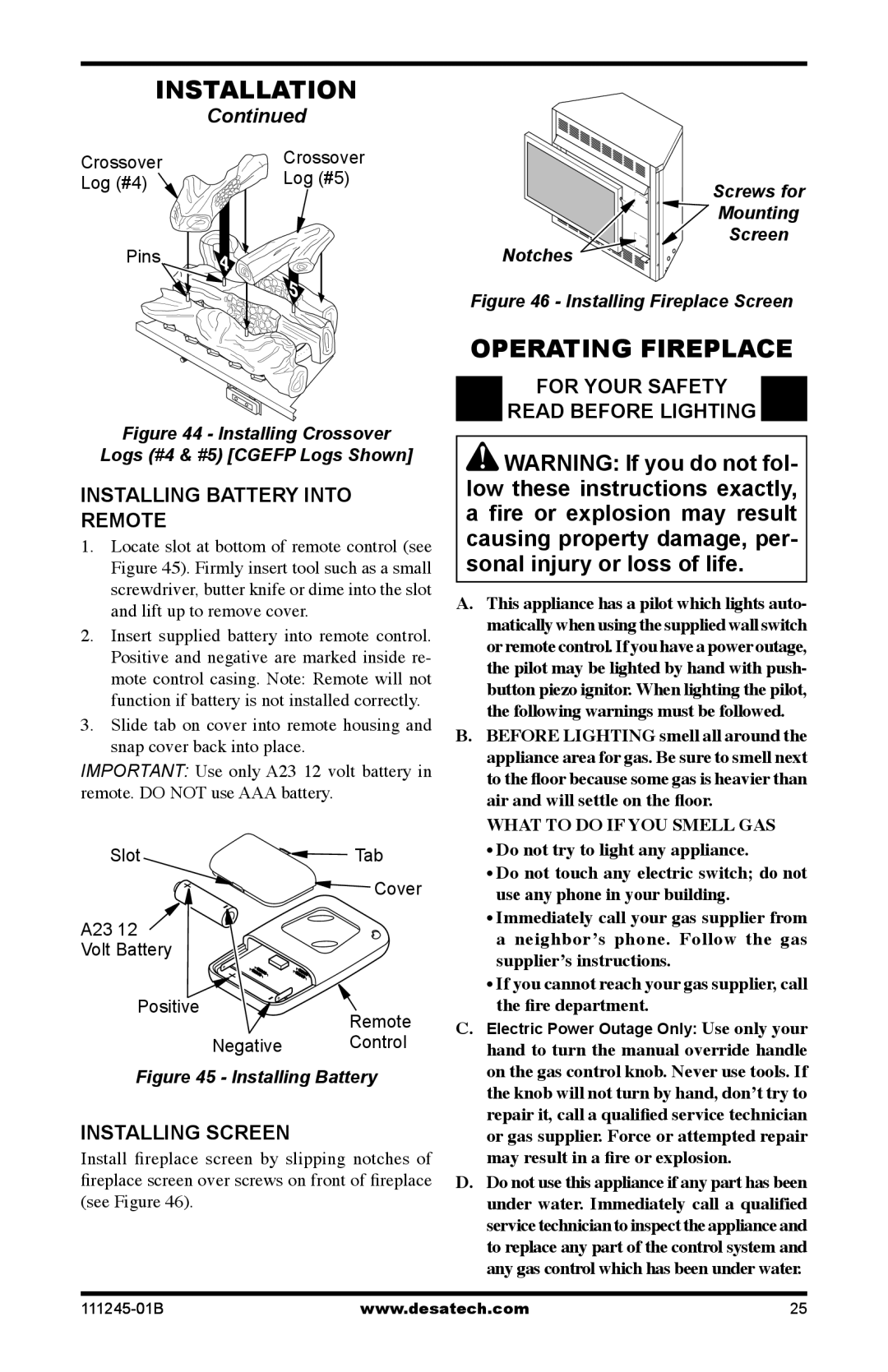 Desa CGEFP33PRB, CGEFP33NRB, EFP33PRB, EFP33NRB Operating Fireplace, Installing Battery Into Remote, Installing Screen 