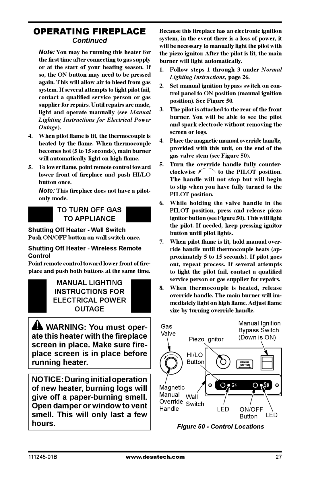 Desa CGEFP33PRB, CGEFP33NRB, EFP33PRB, EFP33NRB To Turn OFF GAS To Appliance, Shutting Off Heater Wireless Remote Control 