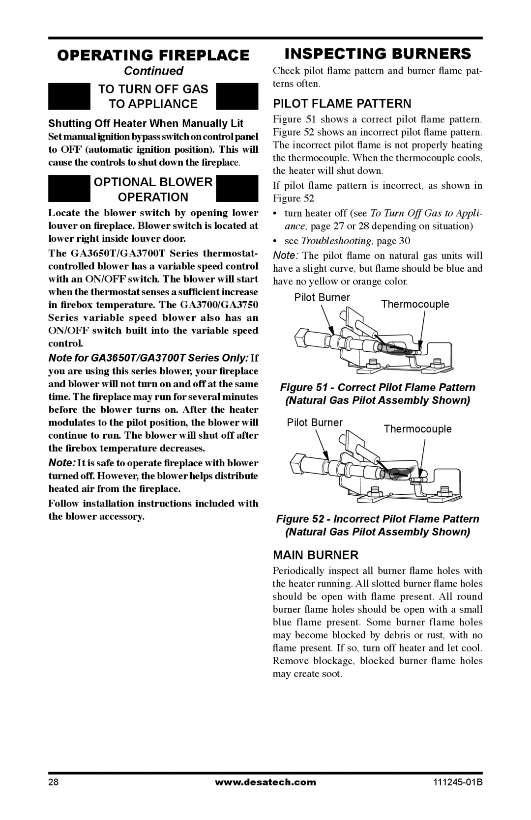 Desa EFP33NRB installation manual Inspecting Burners, Optional Blower Operation, Pilot Flame Pattern, Main Burner 