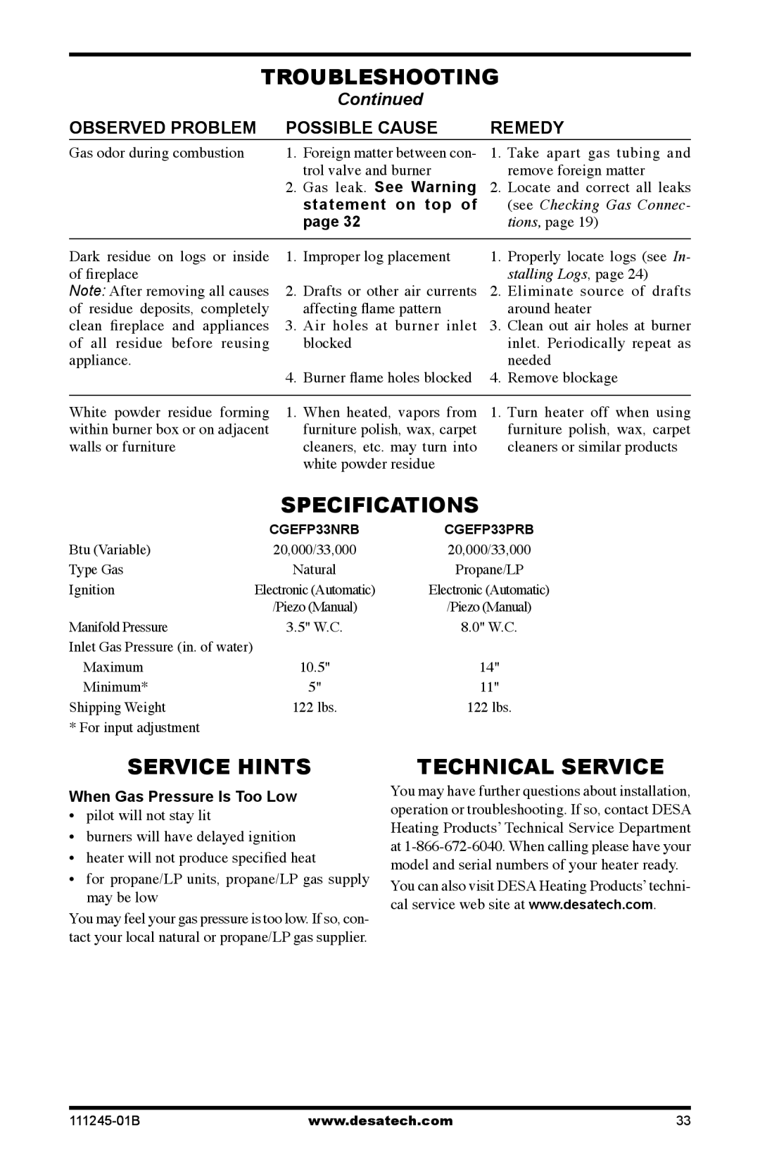 Desa CGEFP33PRB, CGEFP33NRB, EFP33PRB, EFP33NRB Specifications, Service Hints, Technical Service, Statement on top 