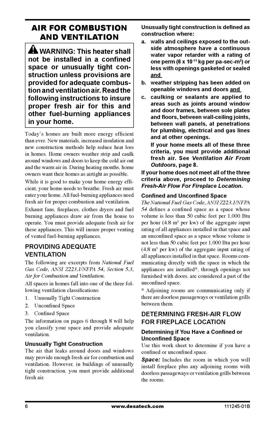 Desa CGEFP33PRB, CGEFP33NRB, EFP33PRB, EFP33NRB AIR for Combustion Ventilation, Providing Adequate Ventilation 