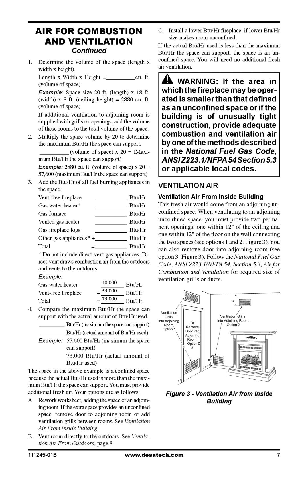 Desa CGEFP33PRB, CGEFP33NRB, EFP33PRB, EFP33NRB installation manual Ventilation AIR, Ventilation Air From Inside Building 