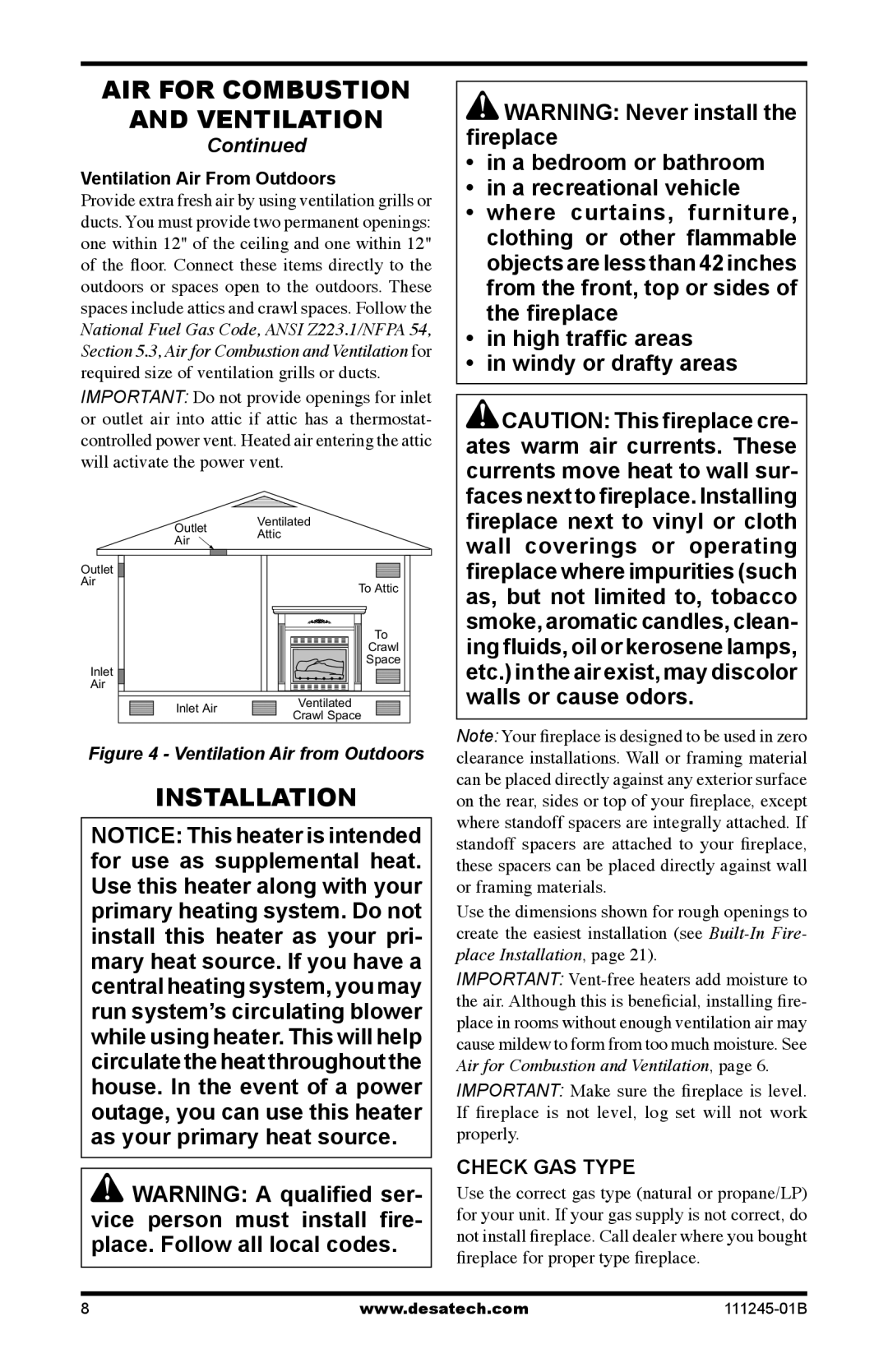 Desa CGEFP33PRB, CGEFP33NRB, EFP33PRB, EFP33NRB Installation, Check GAS Type, Ventilation Air From Outdoors 