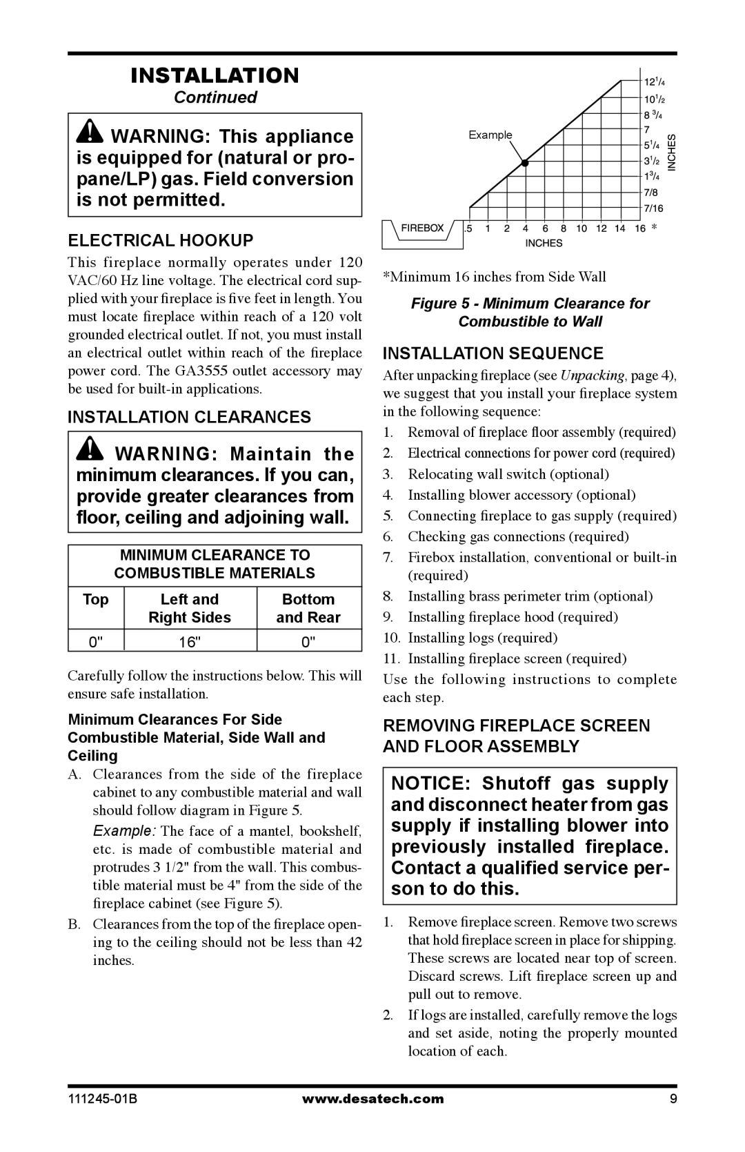 Desa CGEFP33PRB, CGEFP33NRB, EFP33PRB, EFP33NRB Electrical Hookup, Installation Clearances, Installation Sequence 