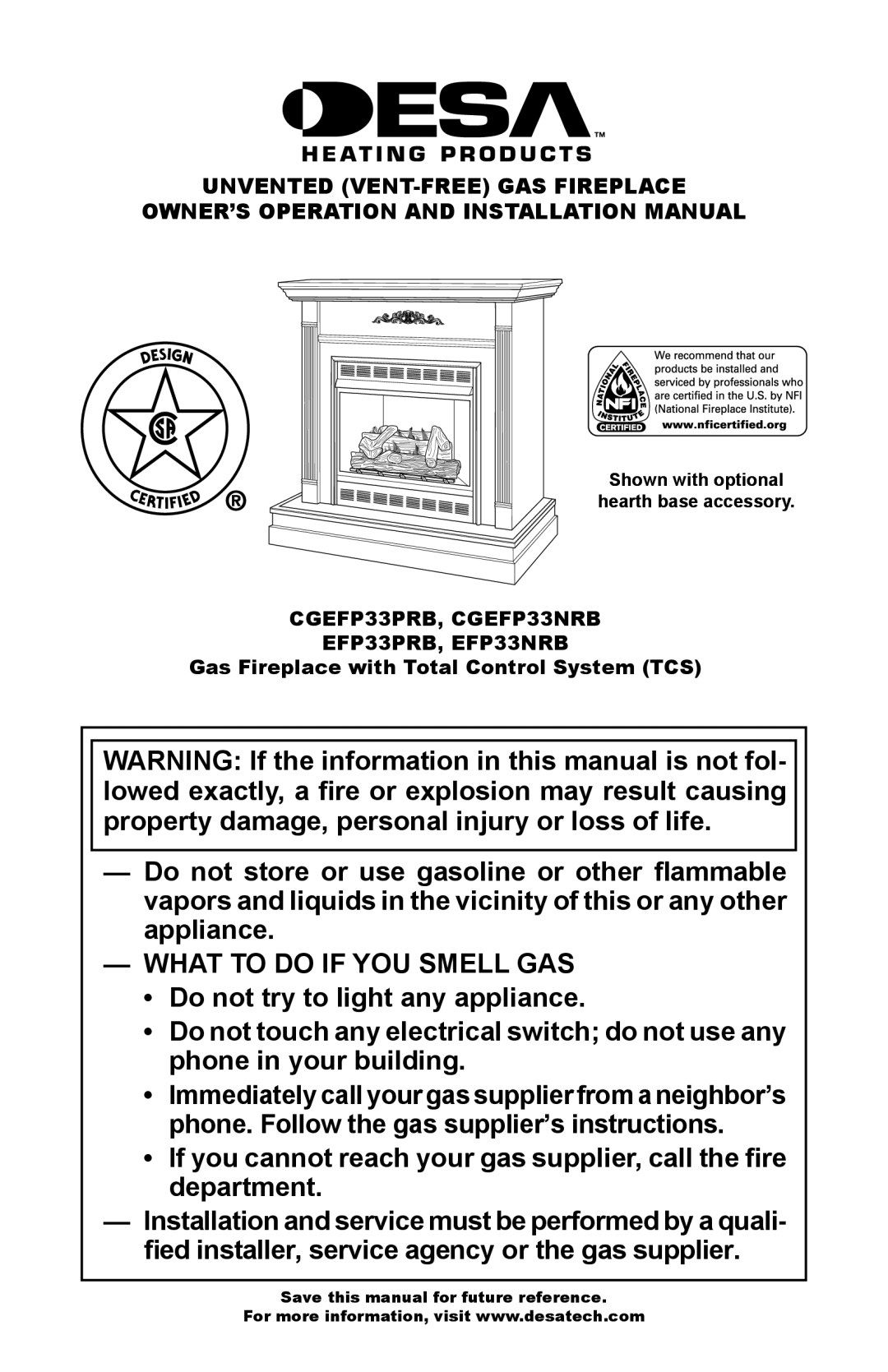 Desa CGEFP33PRB, CGEFP33NRB, EFP33PRB, EFP33NRB installation manual What To Do If You Smell Gas 