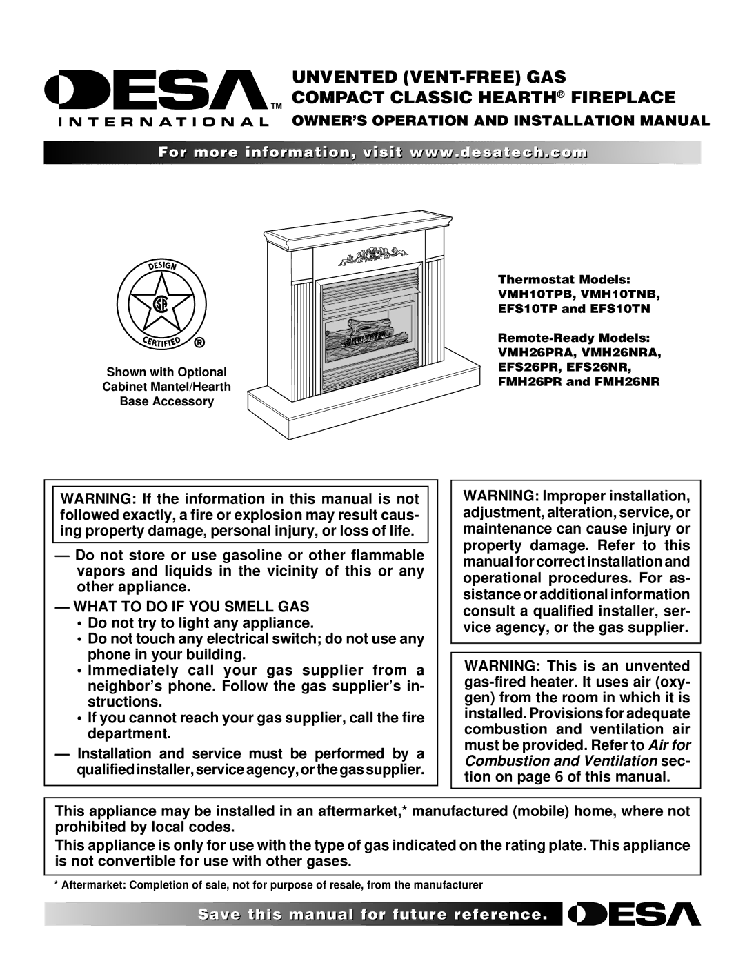 Desa FMH26PR, EFS26NR, EFS10TN installation manual OWNER’S Operation and Installation Manual, What to do if YOU Smell GAS 