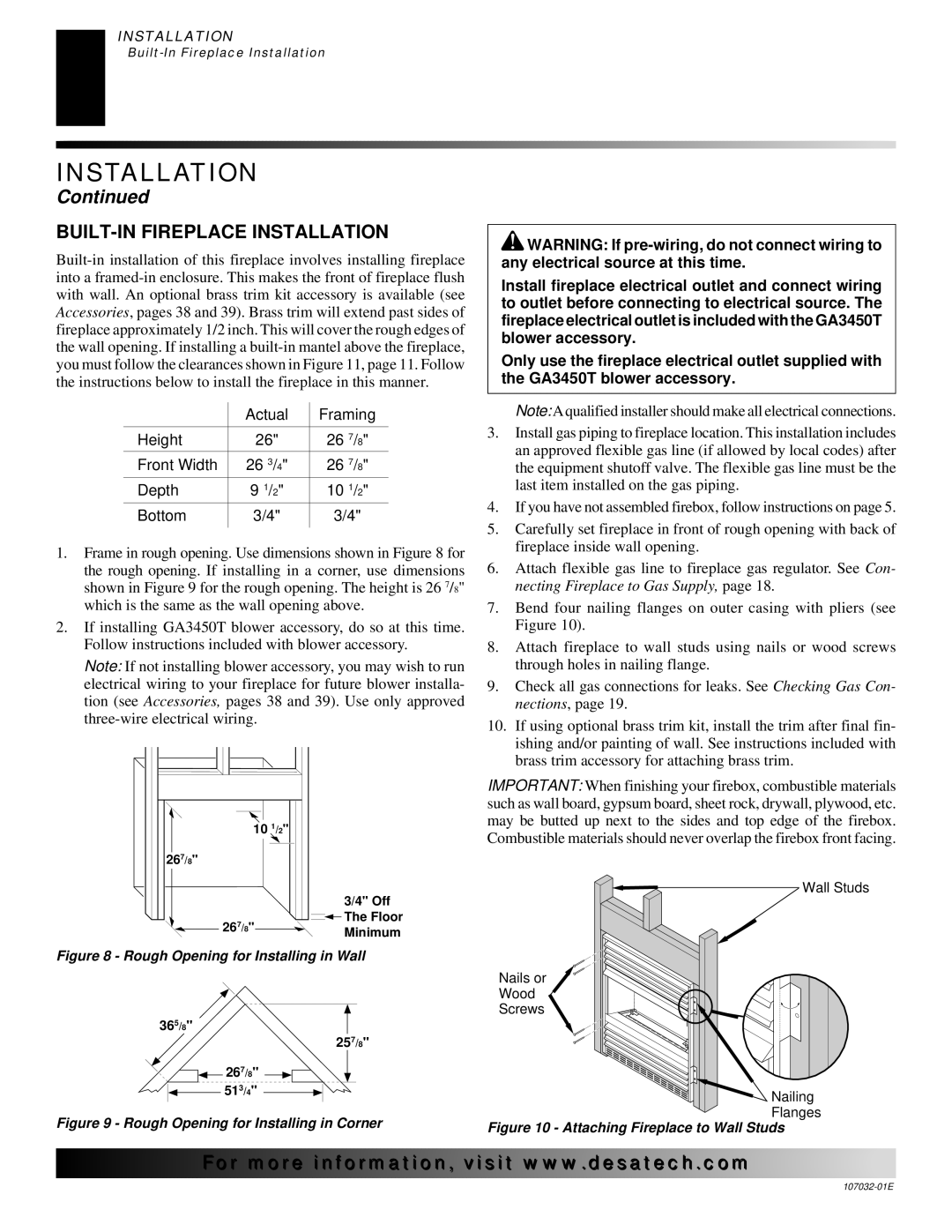 Desa EFS26NR, FMH26PR, EFS10TN, FMH26NR, EFS10TP BUILT-IN Fireplace Installation, Rough Opening for Installing in Wall 