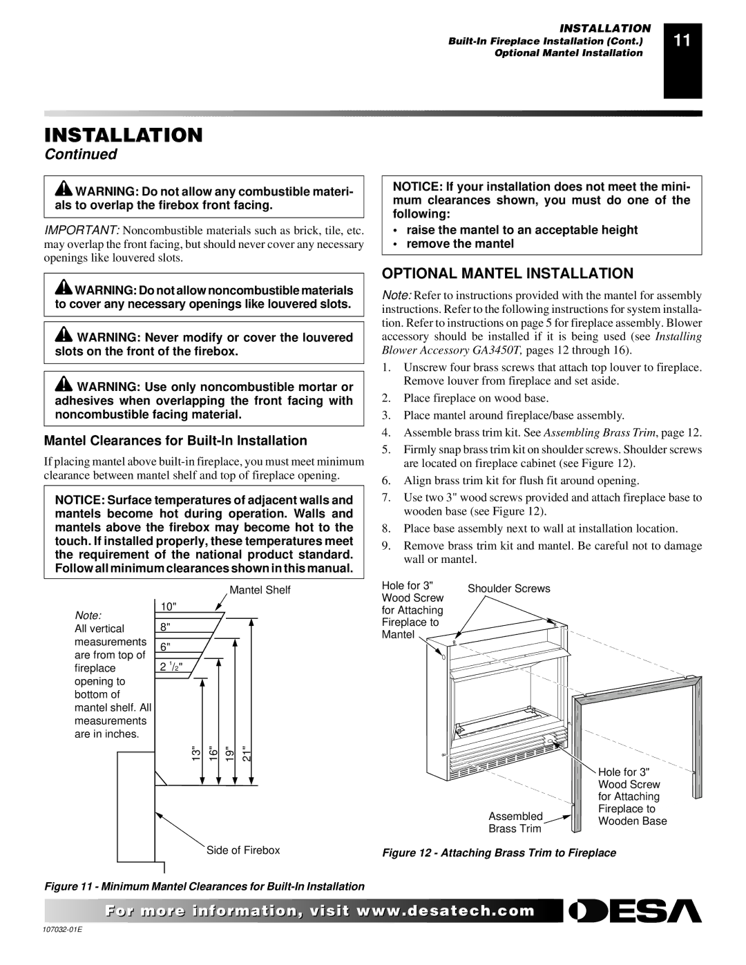 Desa FMH26PR, EFS26NR, EFS10TN, FMH26NR, EFS10TP Optional Mantel Installation, Mantel Clearances for Built-In Installation 