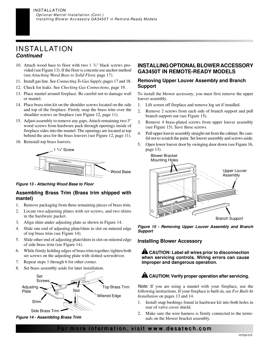 Desa EFS10TN Assembling Brass Trim Brass trim shipped with mantel, Removing Upper Louver Assembly and Branch Support 