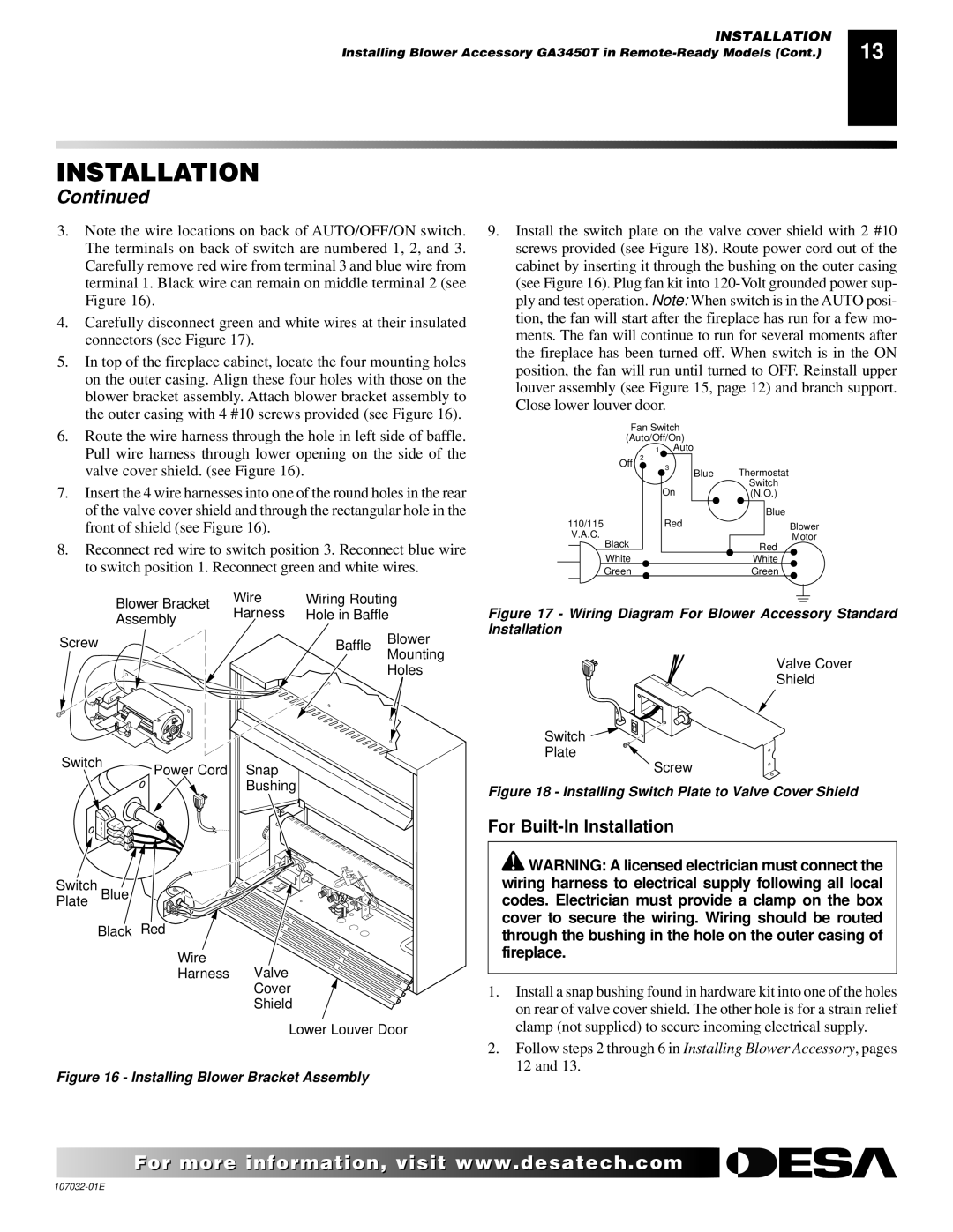 Desa FMH26NR, EFS26NR, FMH26PR, EFS10TN, EFS10TP installation manual For Built-In Installation, Valve cover shield. see Figure 