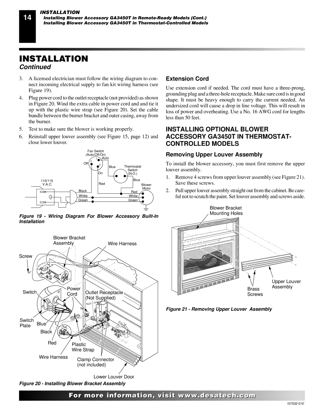 Desa EFS10TP, EFS26NR, FMH26PR, EFS10TN, FMH26NR installation manual Extension Cord, Removing Upper Louver Assembly 