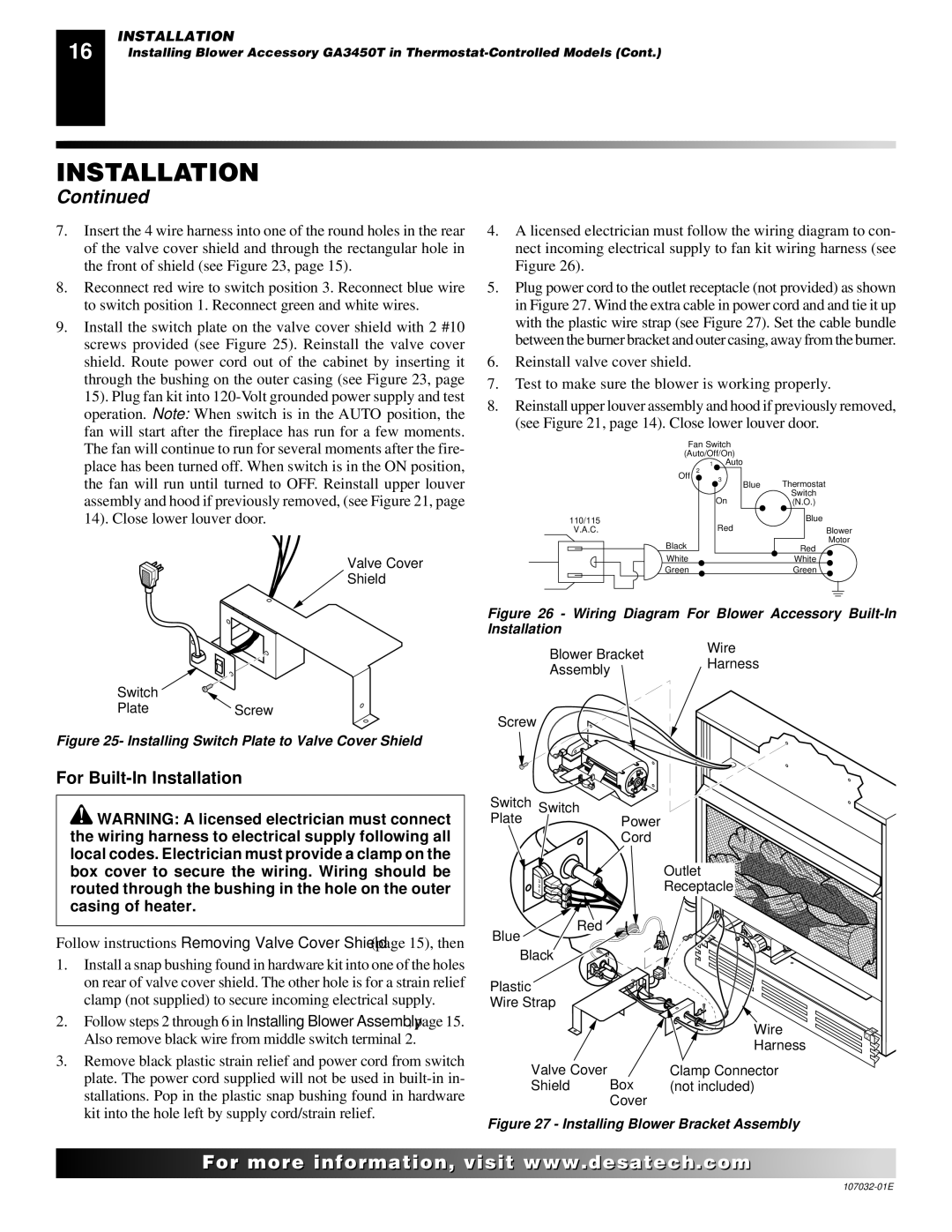 Desa FMH26PR, EFS26NR, EFS10TN, FMH26NR, EFS10TP installation manual Valve Cover Shield Switch PlateScrew 