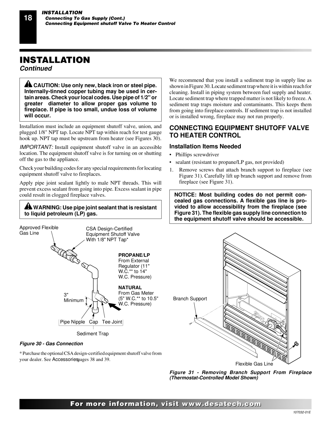 Desa FMH26NR, EFS26NR, FMH26PR, EFS10TN Connecting Equipment Shutoff Valve to Heater Control, Installation Items Needed 