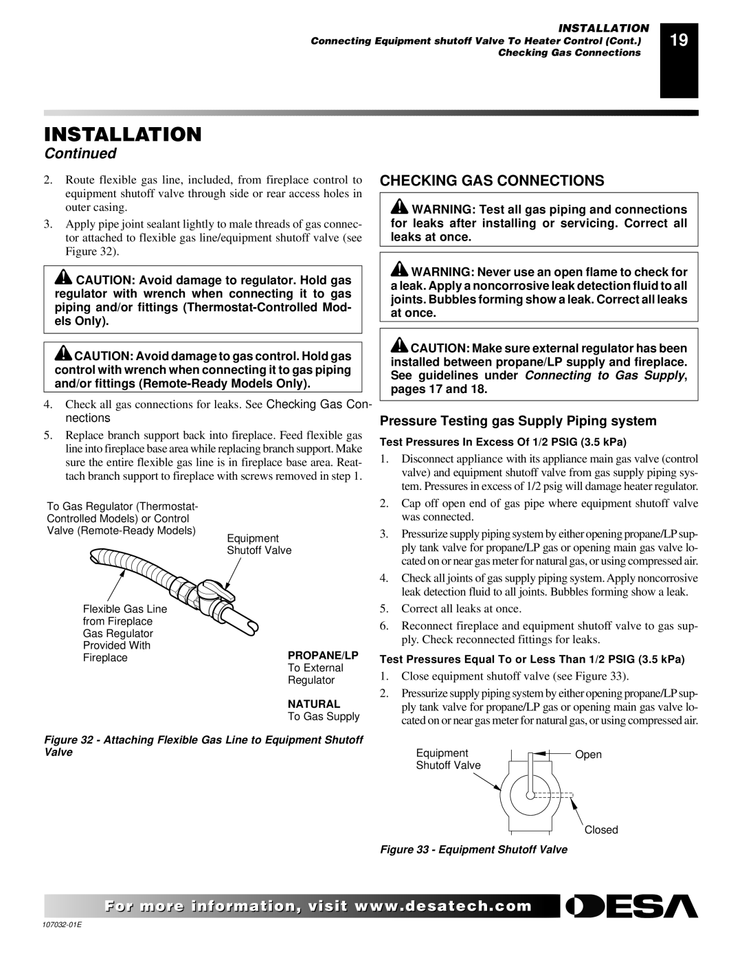 Desa EFS10TP, EFS26NR, FMH26PR, EFS10TN, FMH26NR Checking GAS Connections, Pressure Testing gas Supply Piping system 