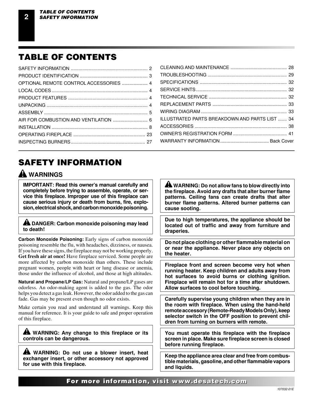 Desa EFS10TN, EFS26NR, FMH26PR, FMH26NR, EFS10TP installation manual Table of Contents, Safety Information 