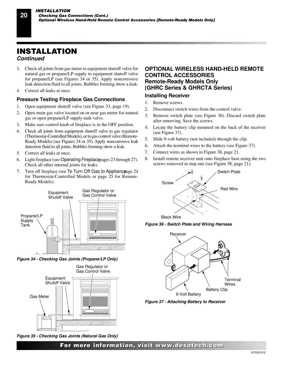 Desa EFS26NR, FMH26PR Optional Wireless HAND-HELD Remote Control Accessories, Pressure Testing Fireplace Gas Connections 