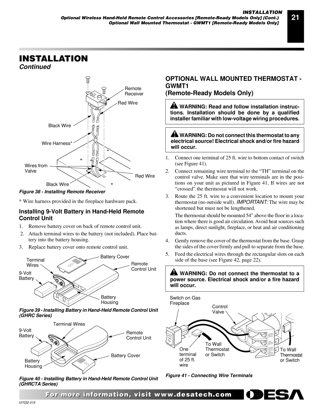 Desa FMH26PR, EFS26NR Optional Wall Mounted Thermostat GWMT1, Installing 9-Volt Battery in Hand-Held Remote Control Unit 