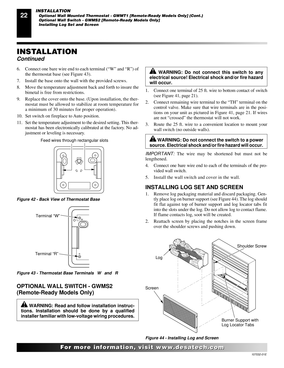 Desa EFS10TN, EFS26NR, FMH26PR, FMH26NR, EFS10TP Installing LOG SET and Screen, Back View of Thermostat Base 