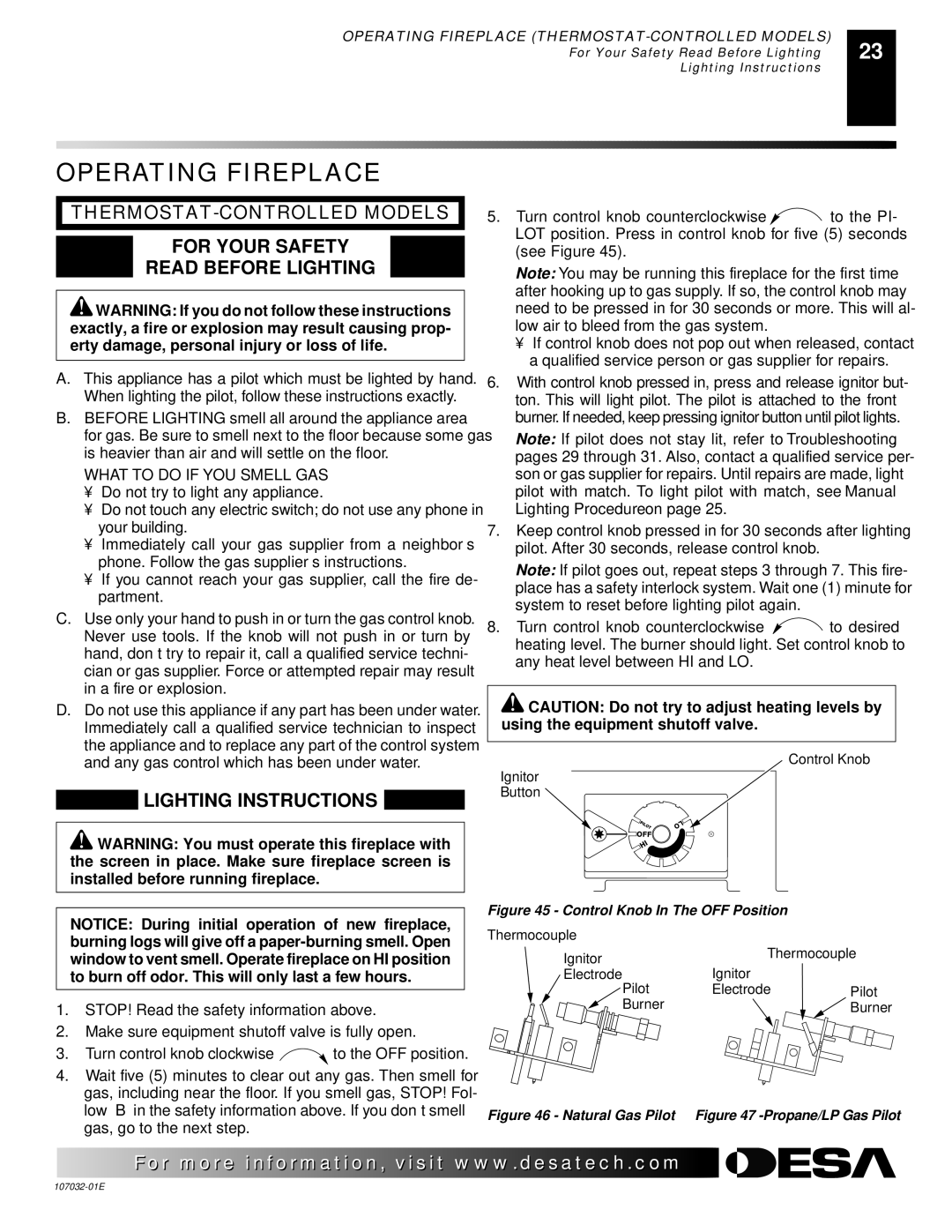 Desa FMH26NR, EFS26NR, FMH26PR, EFS10TN, EFS10TP installation manual Operating Fireplace, Lighting Instructions 