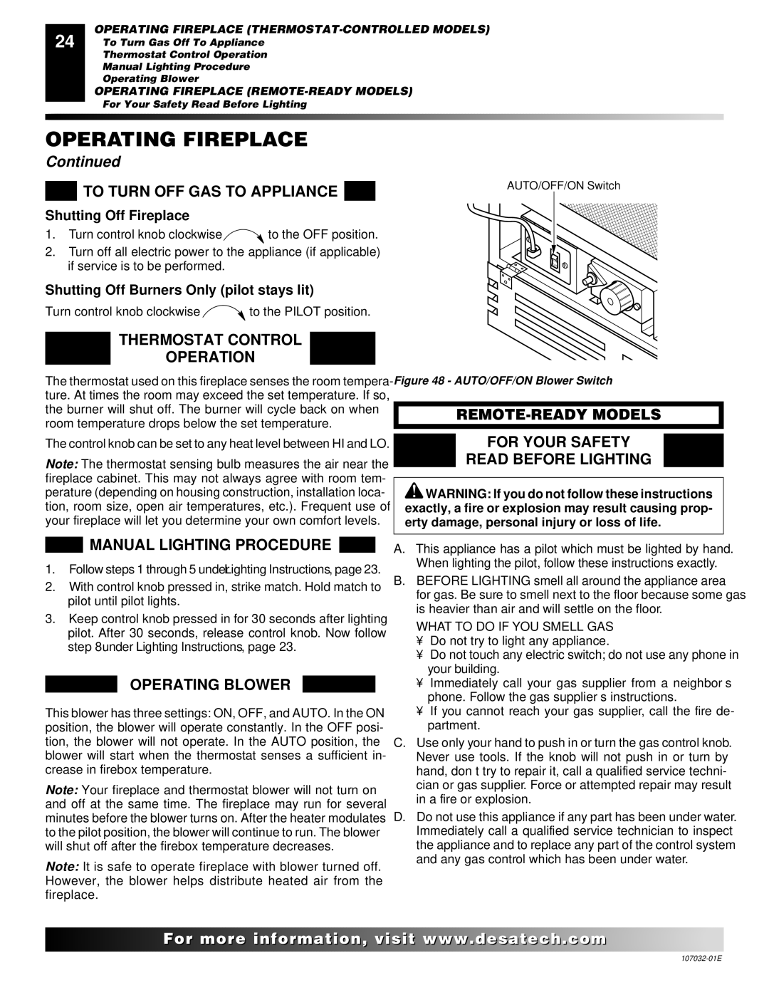 Desa EFS10TP To Turn OFF GAS to Appliance, Thermostat Control Operation, Manual Lighting Procedure, Operating Blower 