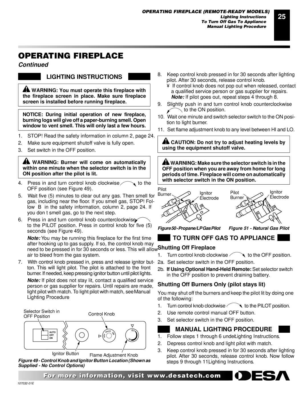 Desa EFS26NR, FMH26PR, EFS10TN, FMH26NR, EFS10TP installation manual Propane/LPGasPilot Natural Gas Pilot 