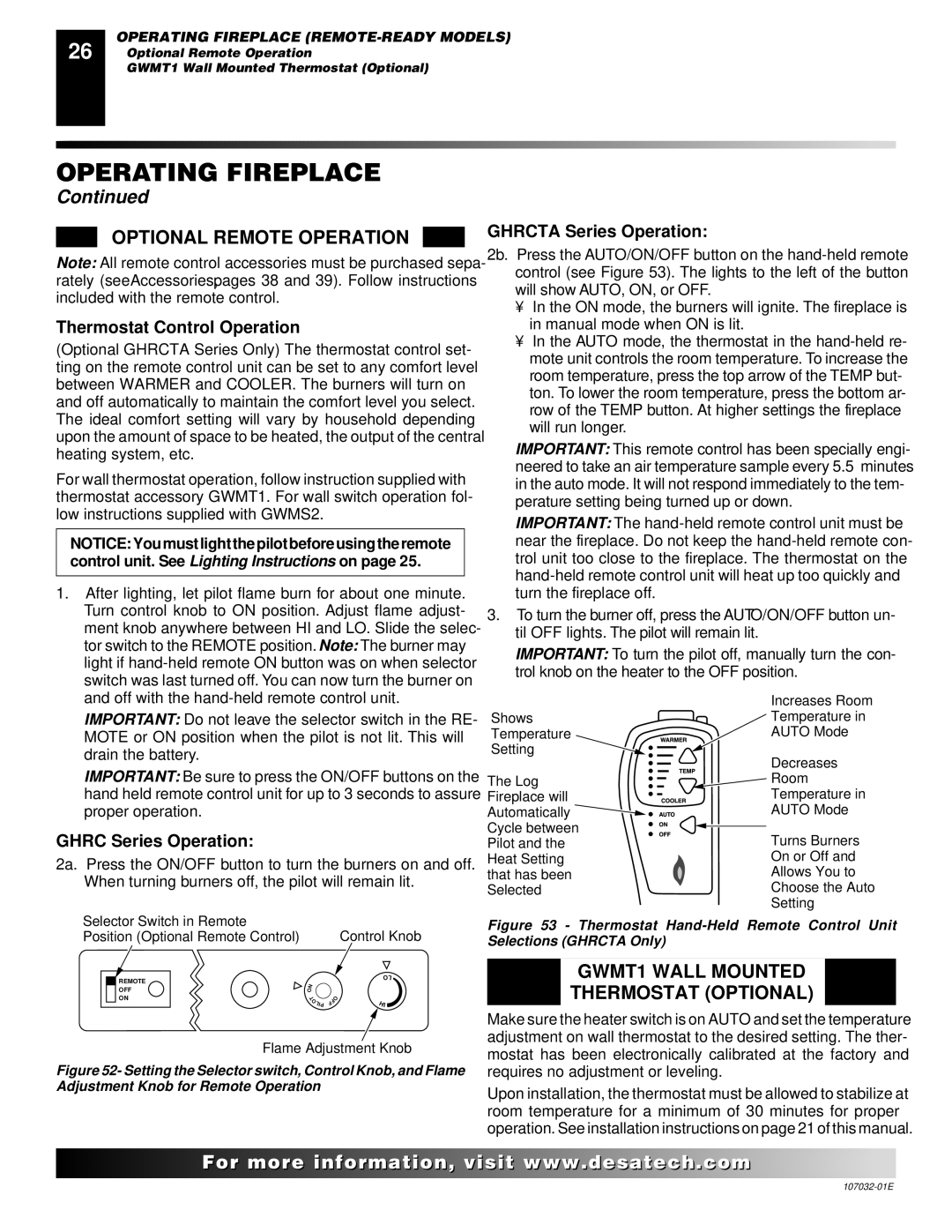 Desa FMH26PR, EFS26NR Optional Remote Operation, GWMT1 Wall Mounted Thermostat Optional, Thermostat Control Operation 