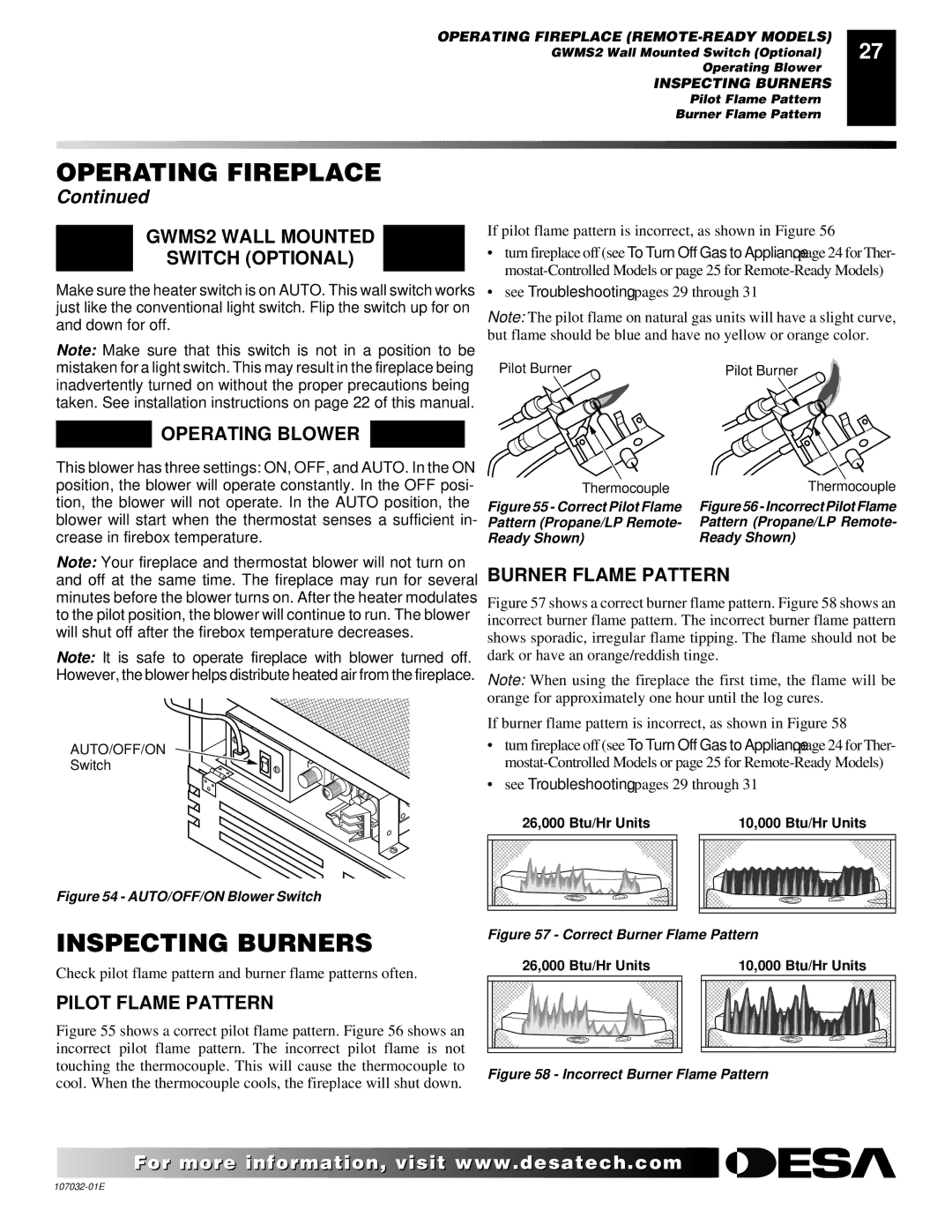 Desa EFS10TN, EFS26NR Inspecting Burners, GWMS2 Wall Mounted Switch Optional, Burner Flame Pattern, Pilot Flame Pattern 