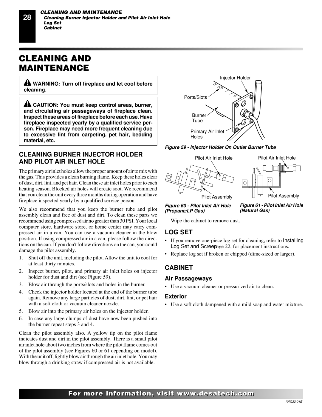 Desa FMH26NR, EFS26NR Cleaning Maintenance, Cleaning Burner Injector Holder and Pilot AIR Inlet Hole, Log Set, Cabinet 