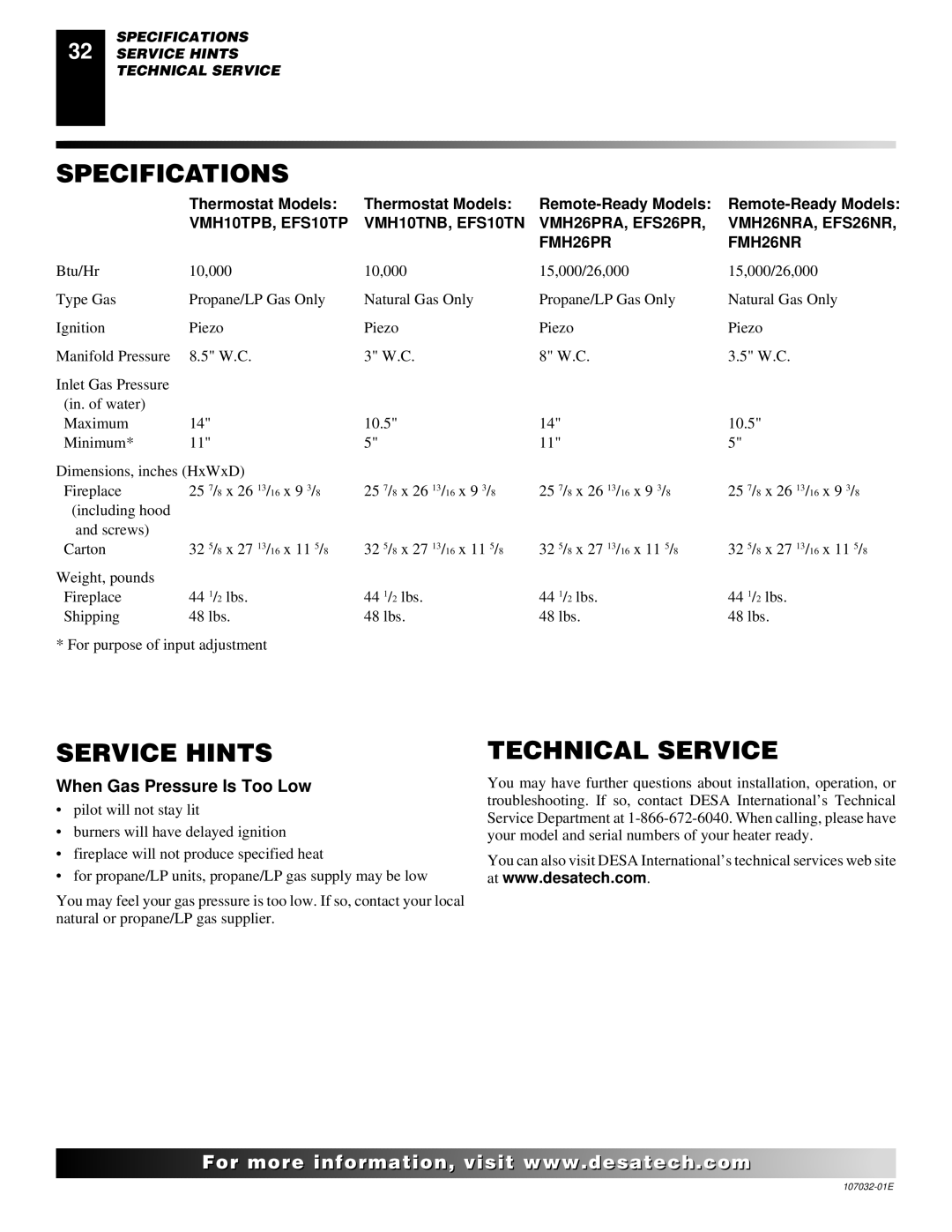 Desa EFS10TN, EFS26NR, FMH26PR, FMH26NR Specifications, Service Hints, Technical Service, When Gas Pressure Is Too Low 