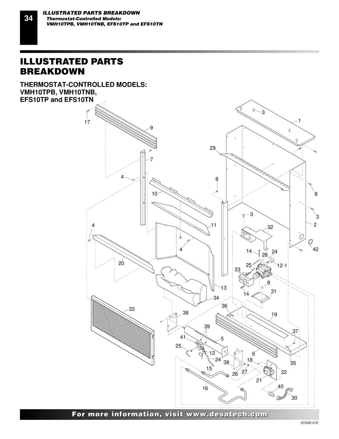 Desa EFS10TP, EFS26NR, FMH26PR, EFS10TN, FMH26NR Illustrated Parts Breakdown, THERMOSTAT-CONTROLLED Models VMH10TPB, VMH10TNB 