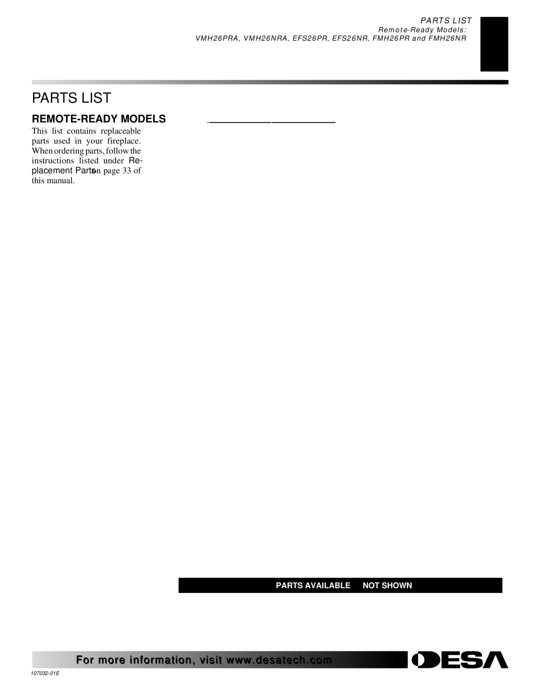 Desa EFS10TN, EFS26NR, FMH26PR, FMH26NR, EFS10TP installation manual Parts List 