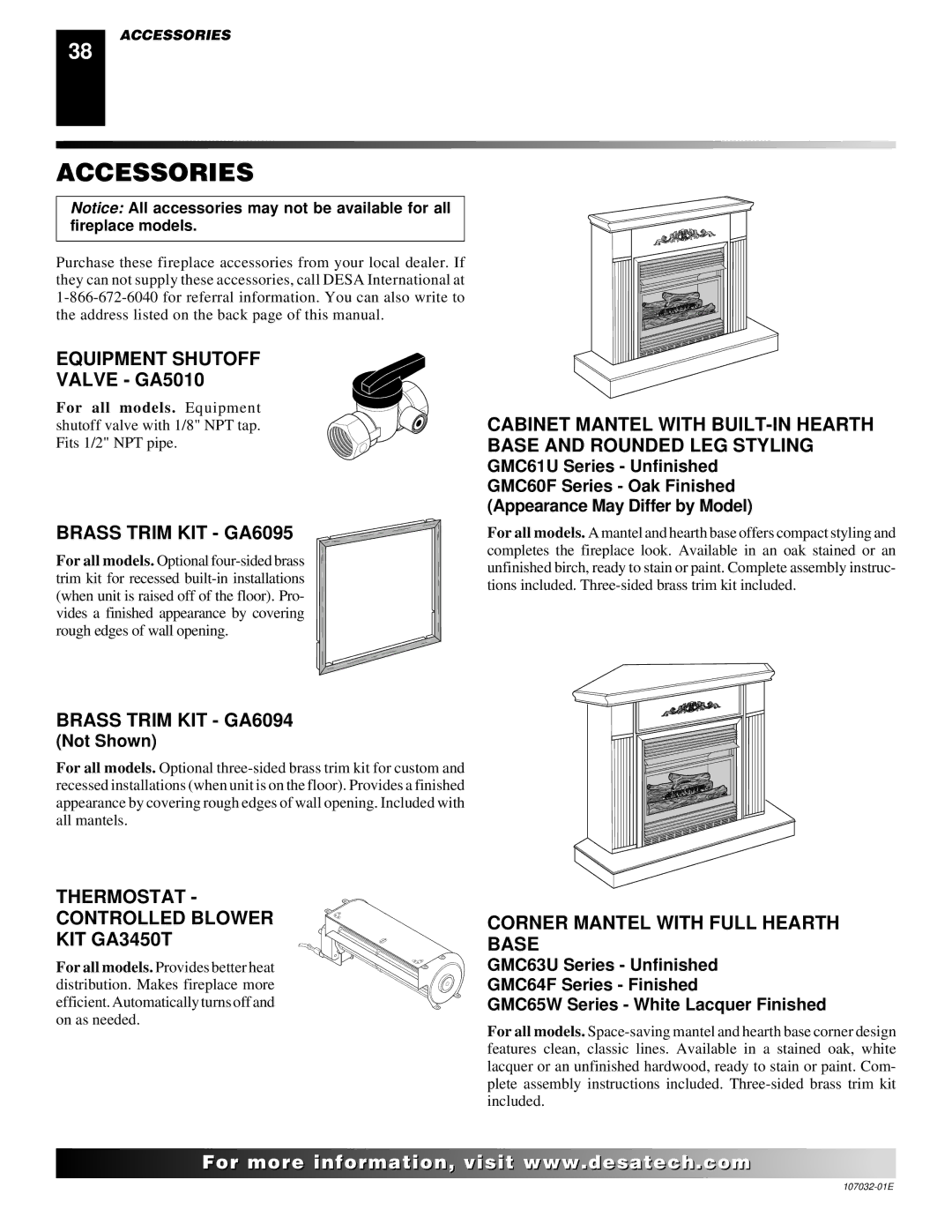 Desa FMH26NR, EFS26NR, FMH26PR, EFS10TN, EFS10TP installation manual Accessories 