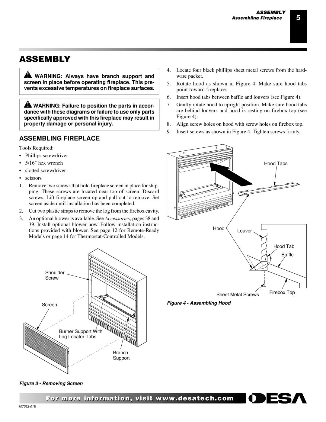 Desa EFS26NR, FMH26PR, EFS10TN, FMH26NR, EFS10TP installation manual Assembly, Assembling Fireplace 