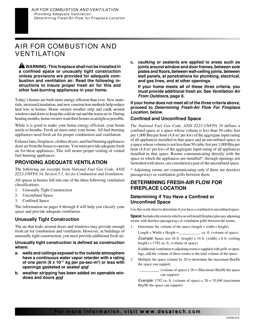 Desa FMH26PR, EFS26NR, EFS10TN, FMH26NR, EFS10TP AIR for Combustion and Ventilation, Providing Adequate Ventilation 