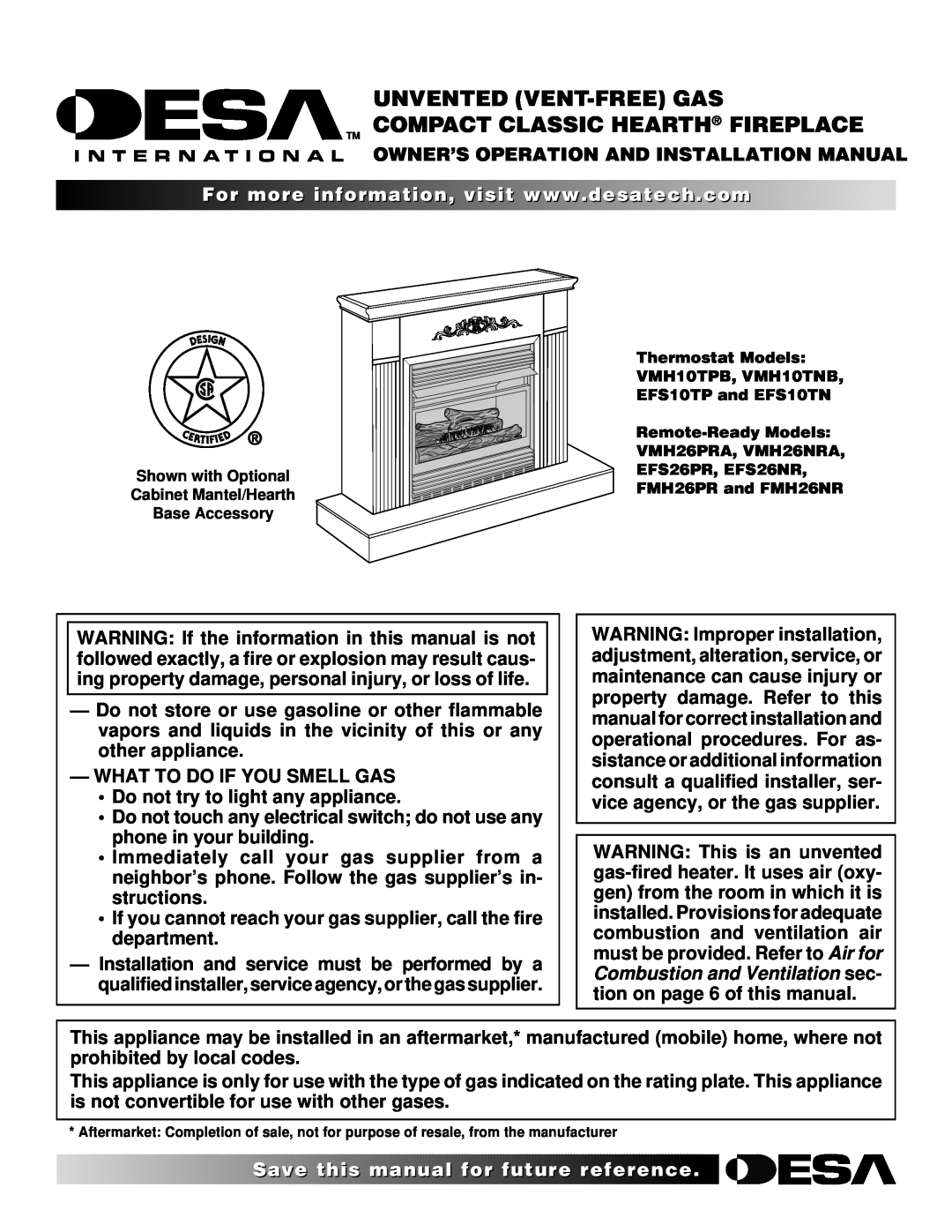 Desa FMH26PR, EFS26NR, EFS10TN installation manual Owner’S Operation And Installation Manual, What To Do If You Smell Gas 