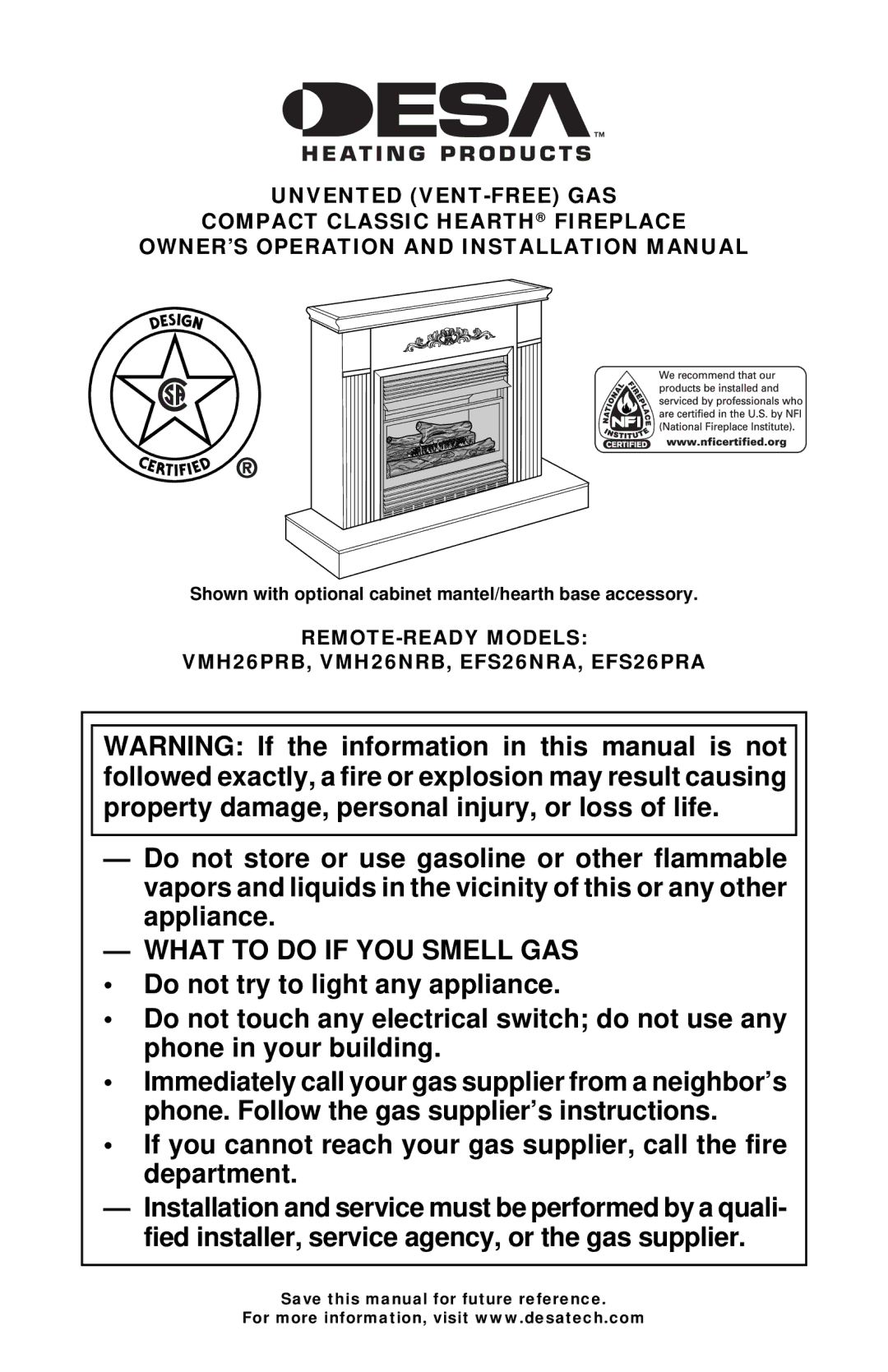 Desa installation manual REMOTE-READY Models VMH26PRB, VMH26NRB, EFS26NRA, EFS26PRA 